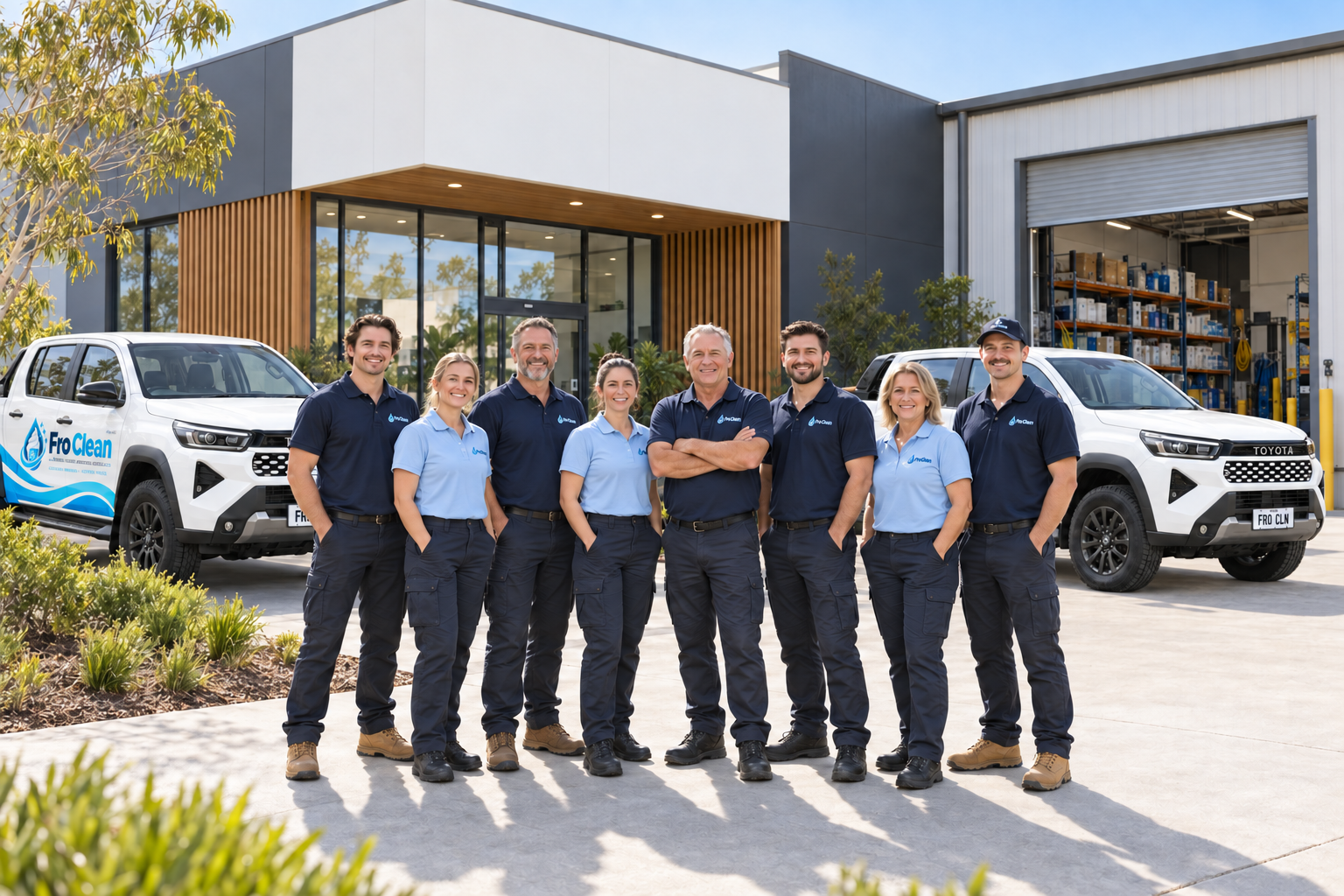 Illustrative scene of a Fro Clean team in branded polos outside a modern office and adjoining storage area, with branded Toyota Hilux vehicles