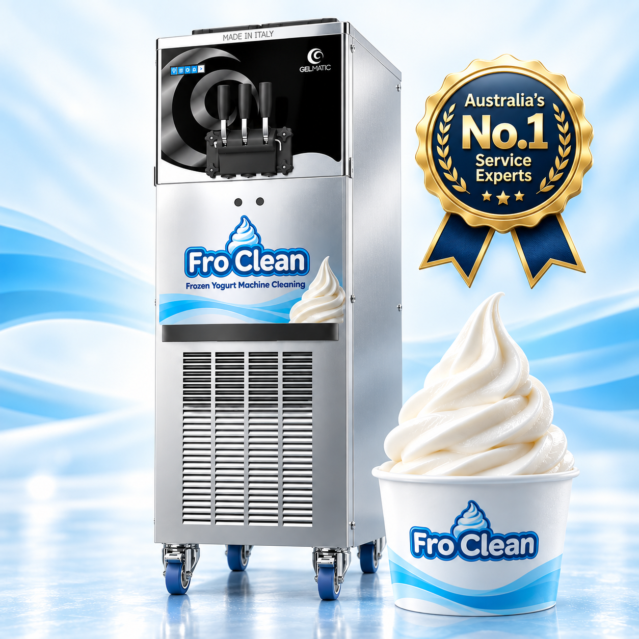Fro Clean branded Gelmatic BV Easy 2 GR with frozen yogurt and Australia's No.1 Service Experts medal